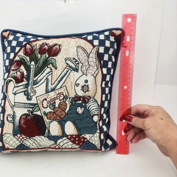 Tapestry Pillow Spring Themed 11" Rabbit Apple Tulip Carrots Seeds home couch - Picture 3 of 4